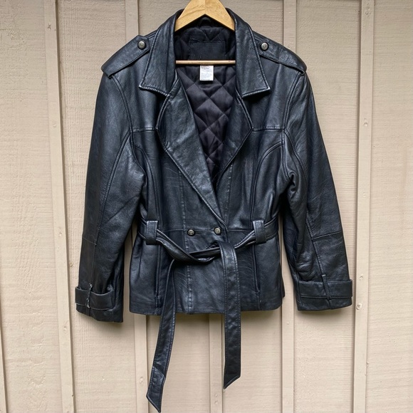 Vintage Black Leather Belted Jacket - Picture 1 of 8